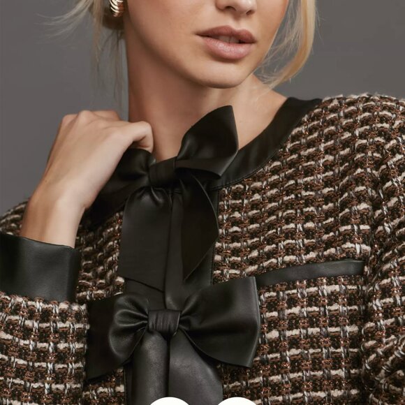 By Anthropologie Faux Leather-Trimmed Tweed Lady Jacket - Picture 3 of 9